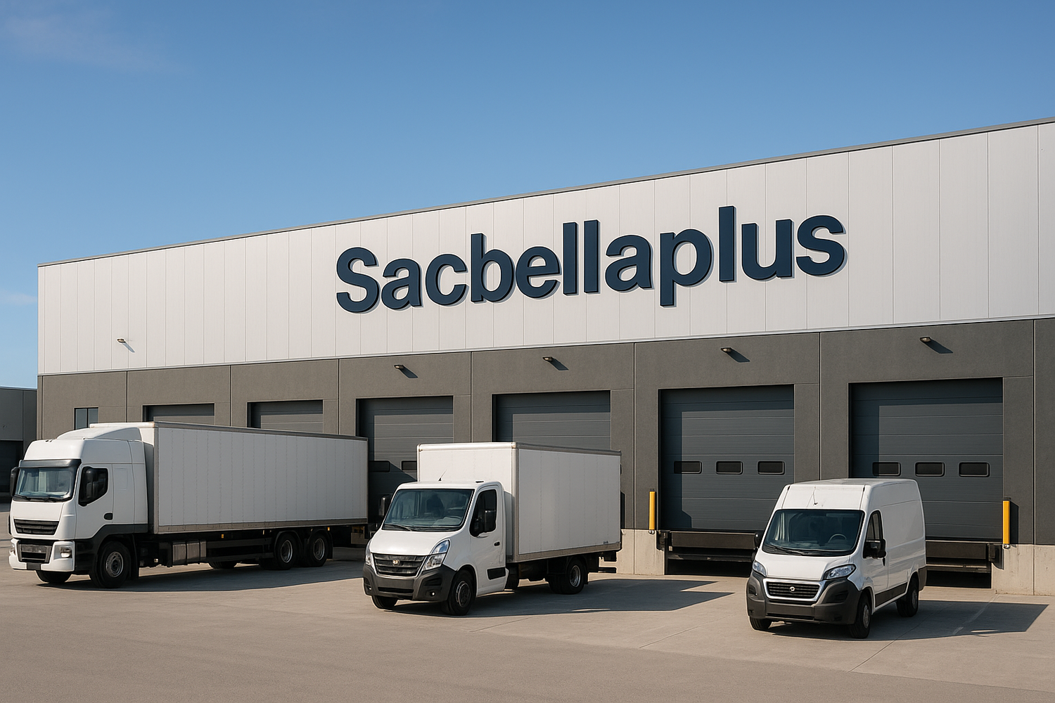 Entrepôt Sacbellaplus avec camions de livraison