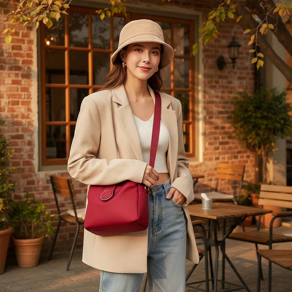 Femme avec sac rouge dans un décor chaleureux