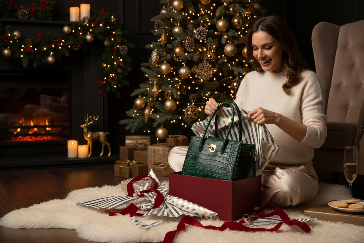 Femme déballant un sac à main de Noël