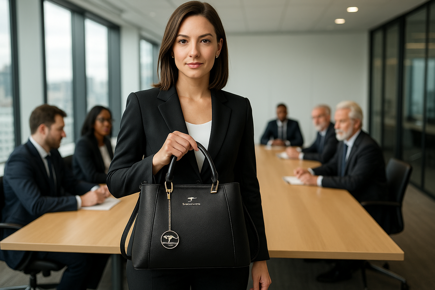 Femme d'affaires avec sac à main entourée de collègues en réunion