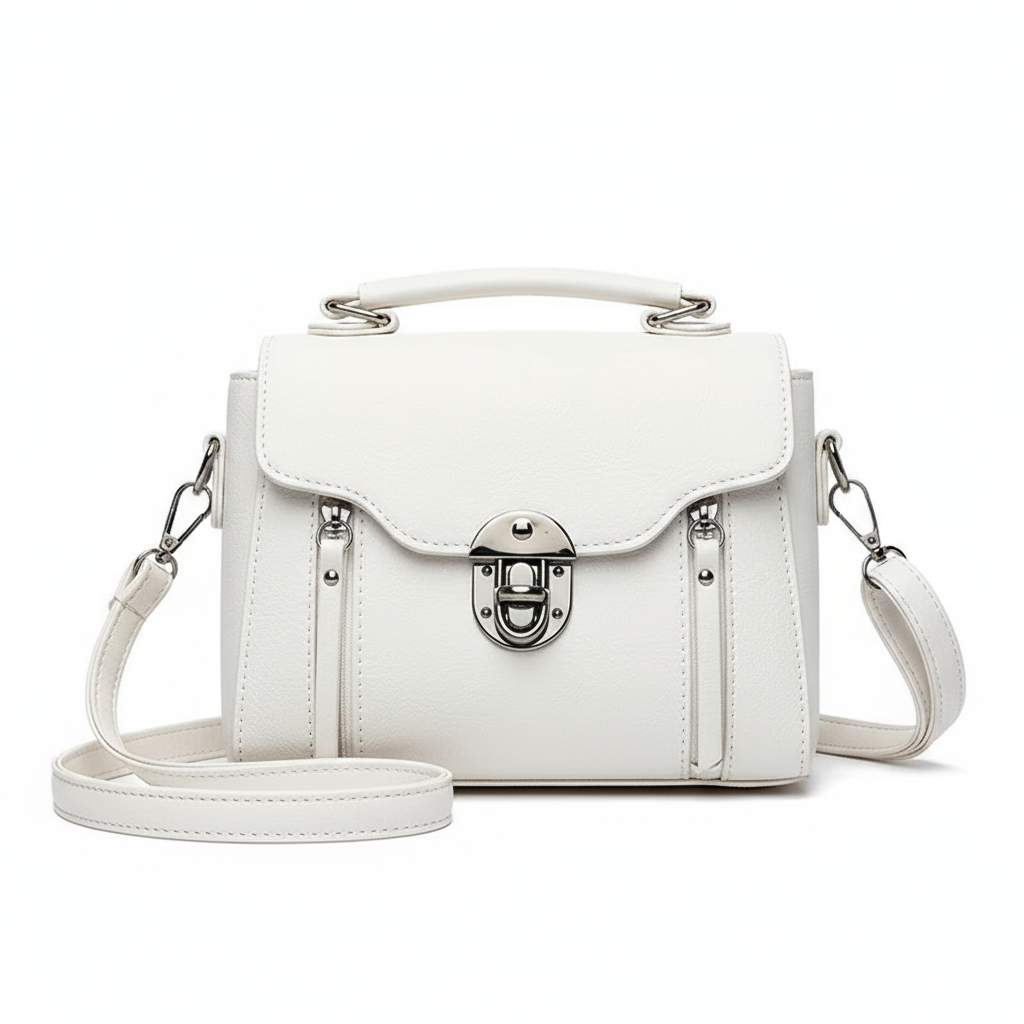 Sac blanc avec poignée et fermoir sur fond blanc