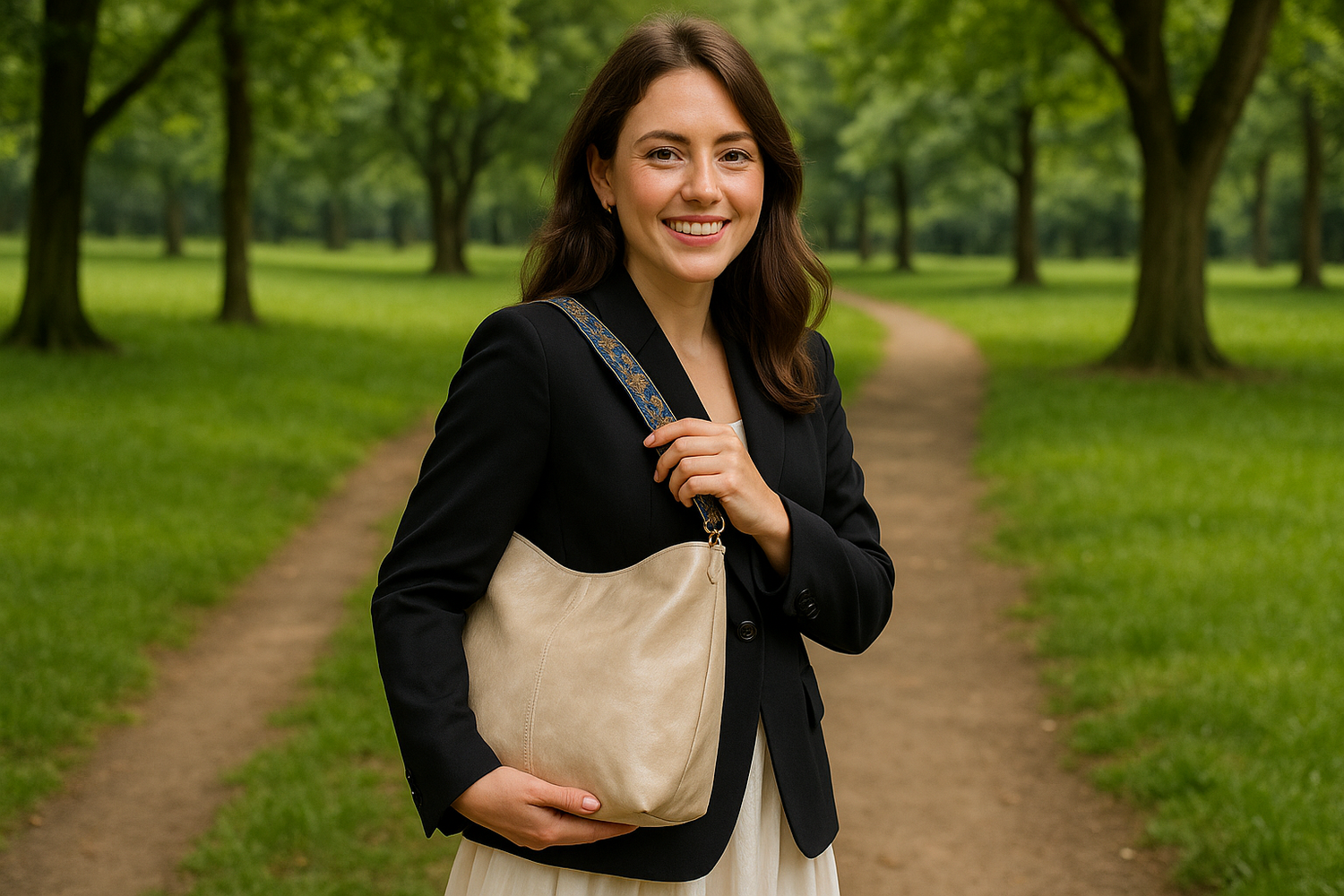 Une femme avec le visage complet portant un sac fourre-tout beige dans un parc