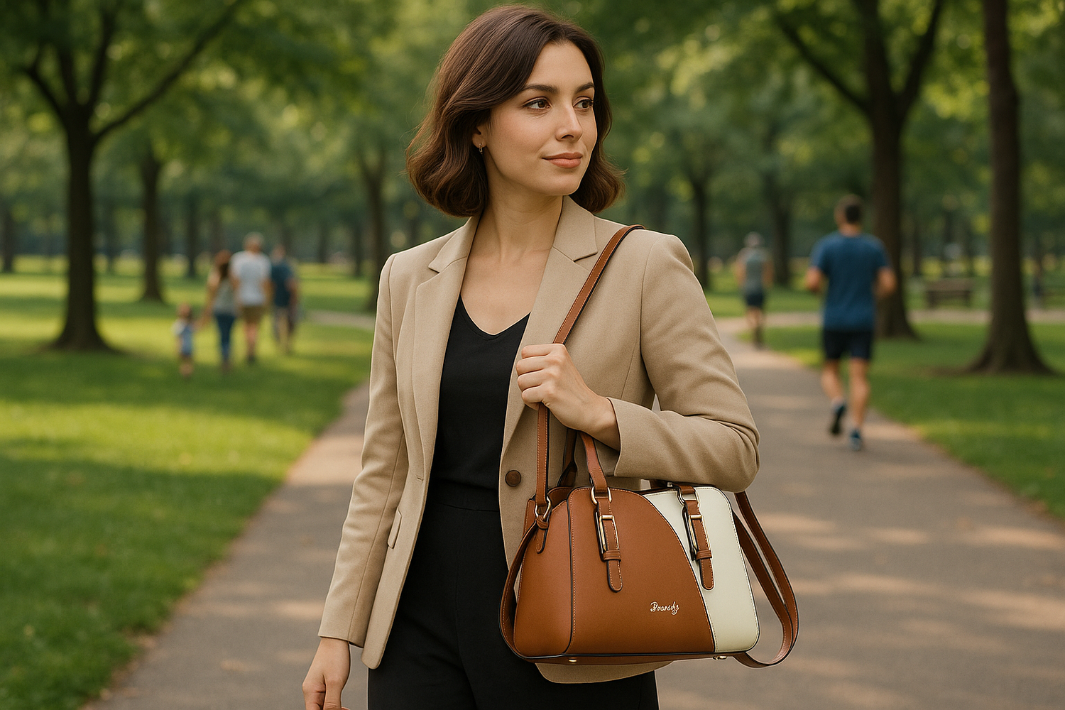 Une femme élégante marchant dans un parc avec d'autres personnes, portant le sac à main marron et blanc à l'épaule
