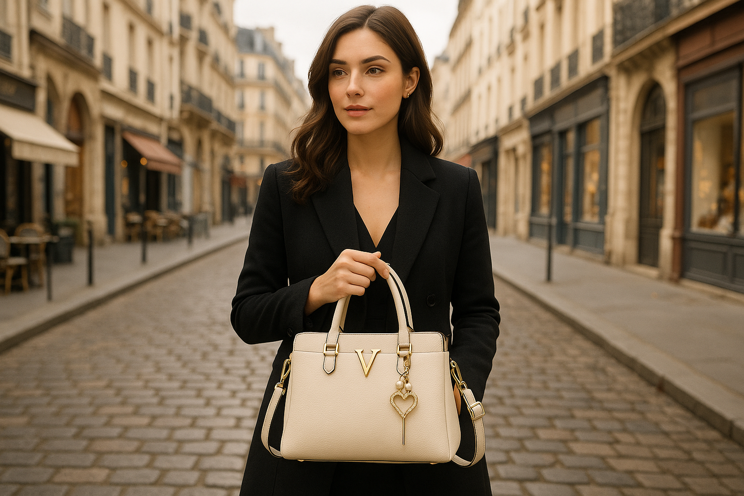 Une femme élégante portant le sac à main beige dans les rues françaises