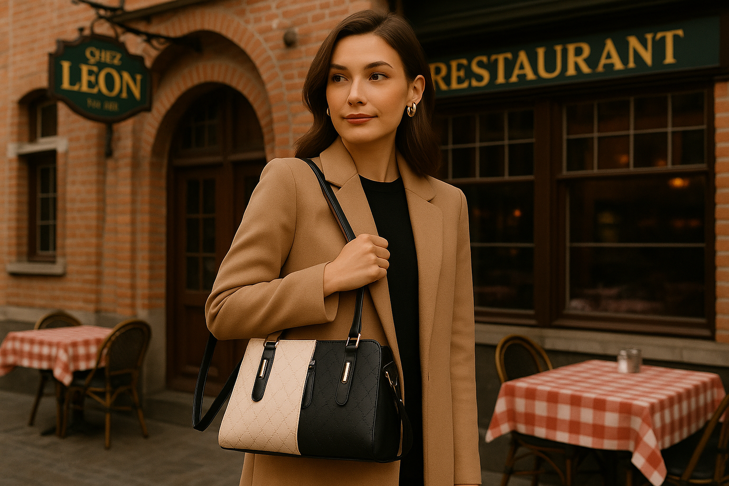 Une femme élégante portant le sac à main bicolore plus petit avec la bandoulière sur l'épaule devant un restaurant belge