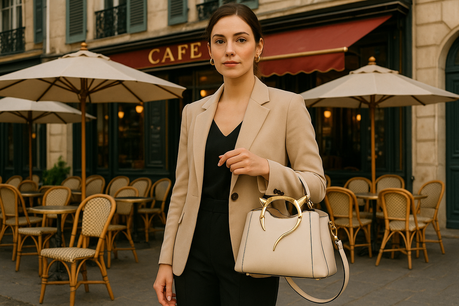 Une femme élégante tenant le sac à main beige devant un café de style français