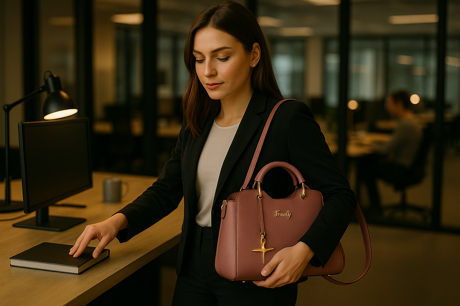 Une femme professionnelle portant le sac à main rose avec une bandoulière mieux ajustée dans un bureau en fin de journée
