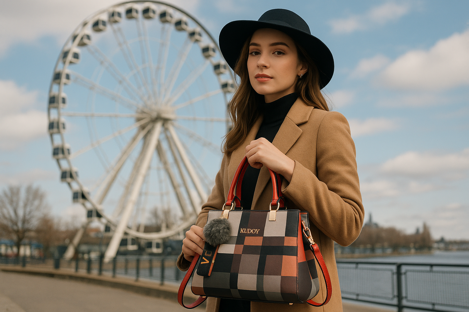 Une nouvelle composition d'une femme élégante avec le sac à main coloré devant la grande roue de Montréal